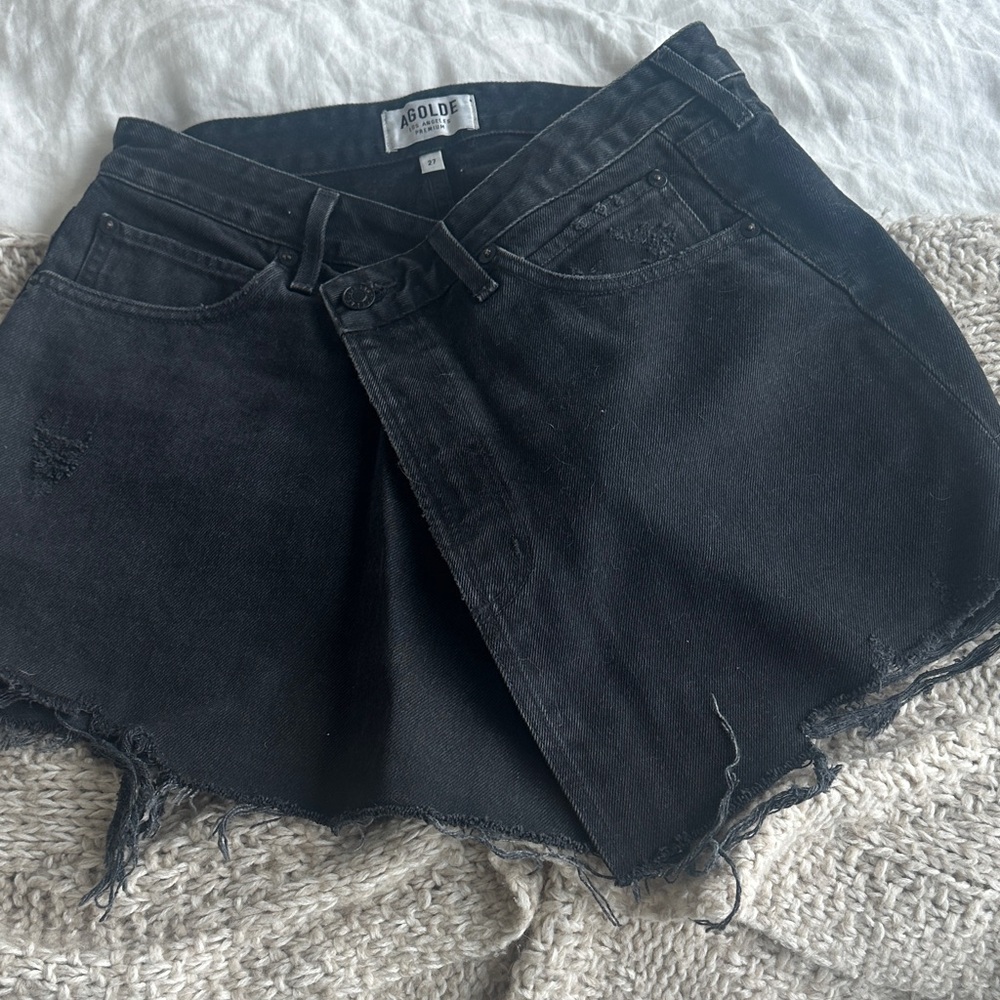 Agolde Charcoal Distressed asymmetrical Denim Skirt